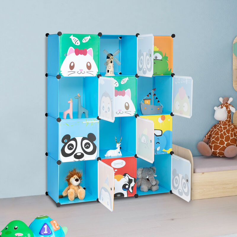 12-Cube Magic Wardrobe with 2 Hanging Rods, Plastic & Steel Wire Storage Cabinet with Animal Print Doors