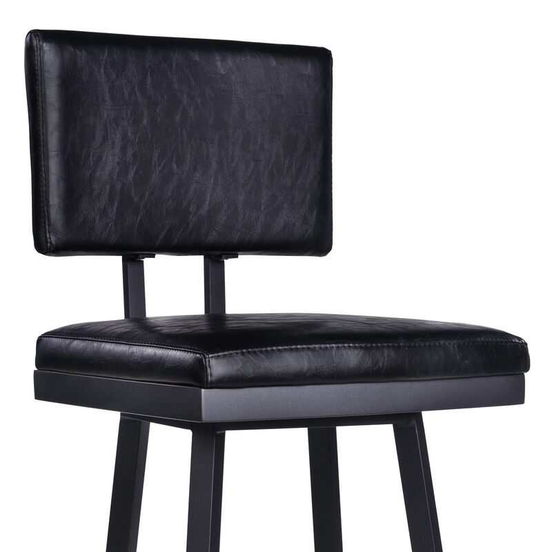 Balboa  Counter Height Swivel Vintage Black Faux Leather and Metal Bar Stool with Arms