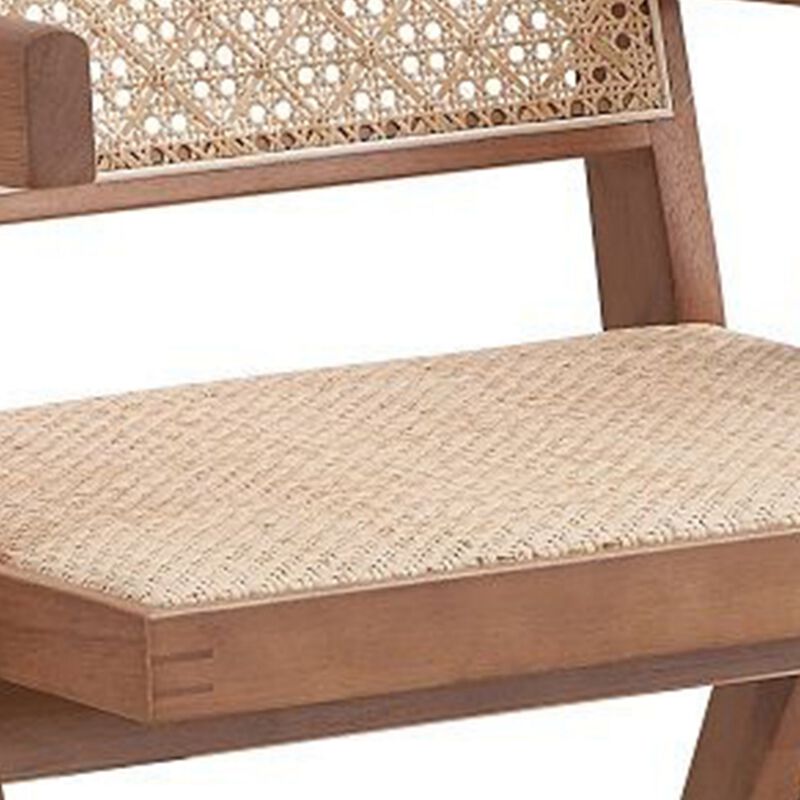 Tina 26 Inch Accent Armchair, Woven Rattan, Natural Brown Wood Finish - Benzara
