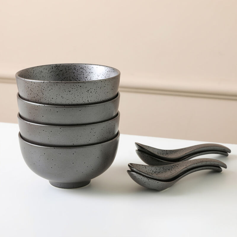Stone Lain Valencia Porcelain Serving Bowl and Spoon Set 8 Piece , Metallic Grey