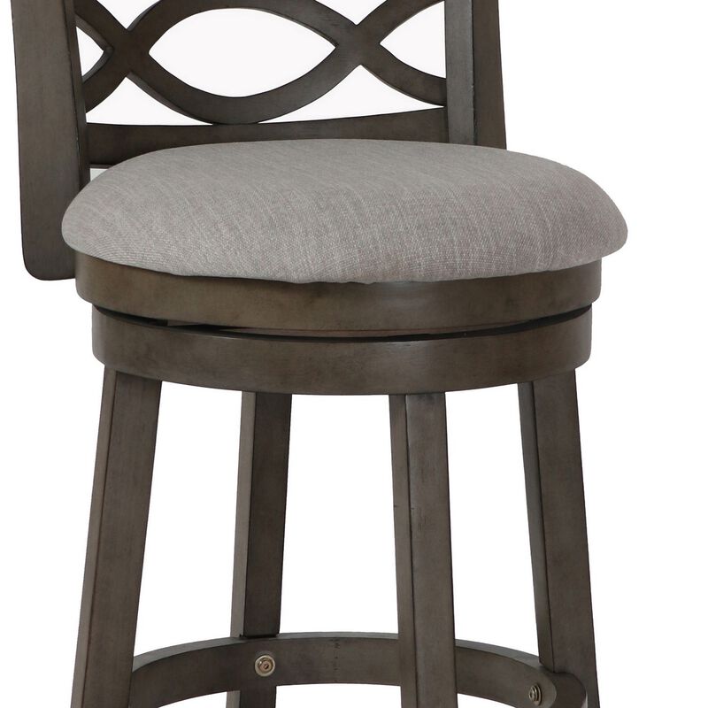 Curved Lattice Back Swivel Counter Stool with Fabric Seat, Antique Gray-Benzara