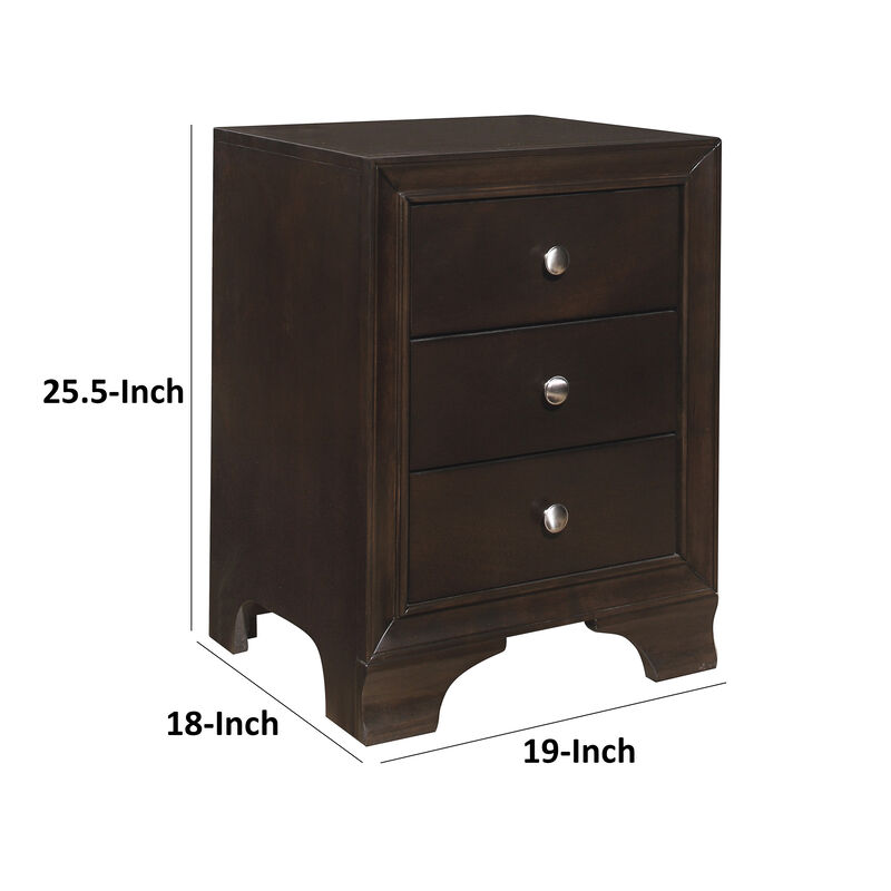 Folu 26 Inch Nightstand, USB Port, 3 Drawers with Chrome Knobs, Brown - Benzara