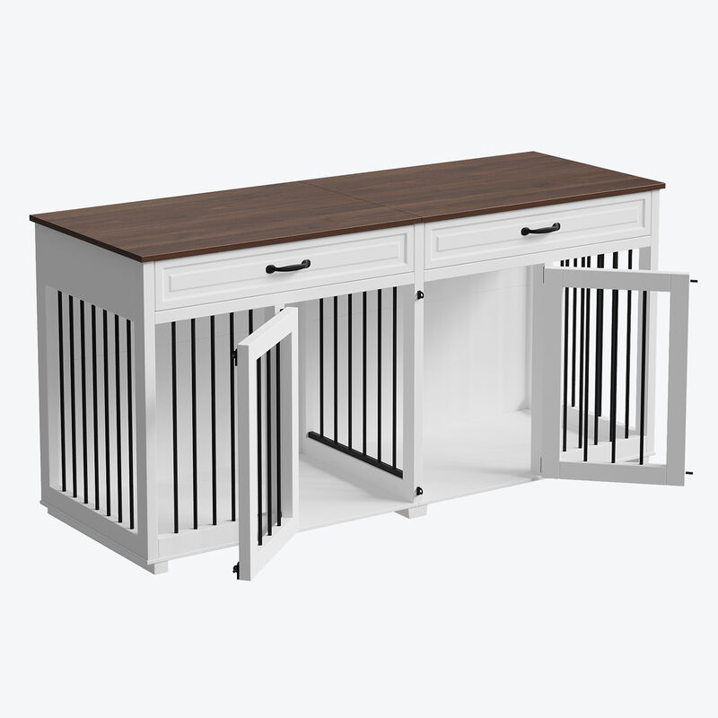 64.6 in. Large Dog House Furniture, Indoor Wooden Dog Crate Kennel with 2-Drawers and Divider for Medium or 2 Small Dogs