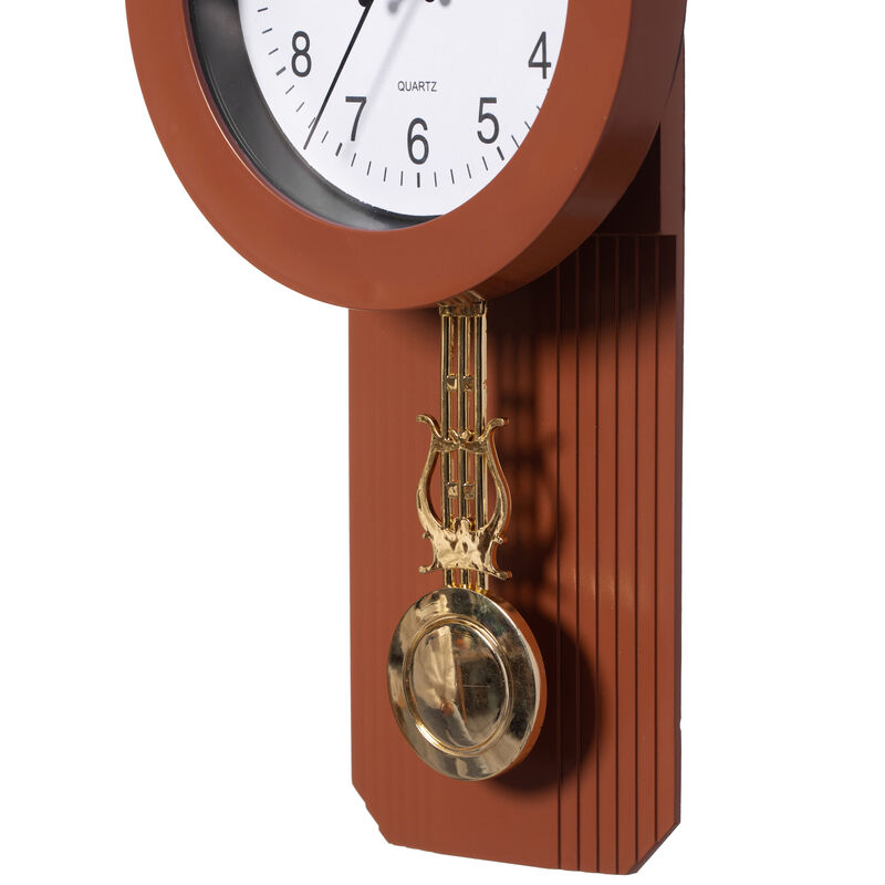 Wood-Look Pendulum Plastic Wall Clock, Farmhouse Decor for Living Room, Kitchen, or Dining Room, Silent Clock with Roman Numerals, Battery Powered, Large Decorative Wall Clock, Easy-to-Read, Black