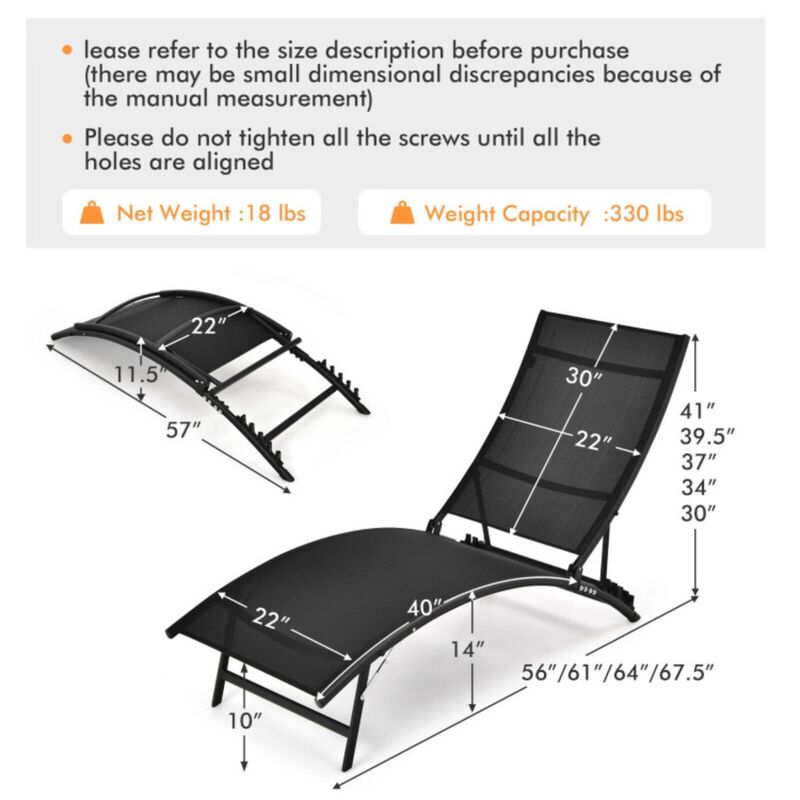 Hivvago 2 Pieces Patio Folding Stackable Lounge Chair Chaise with Armrest-Black
