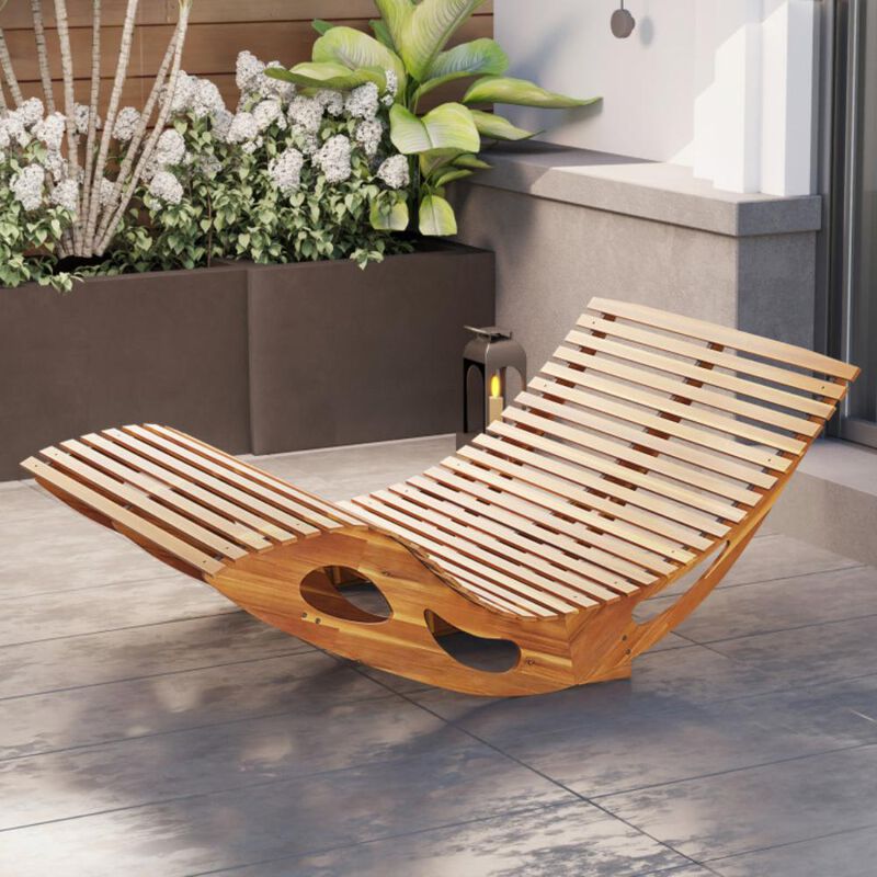 Hivvago Slatted Acacia 2-Seat Patio Dual Rocker Sunbed Wood Lounger with Ergonomic Curved Seat