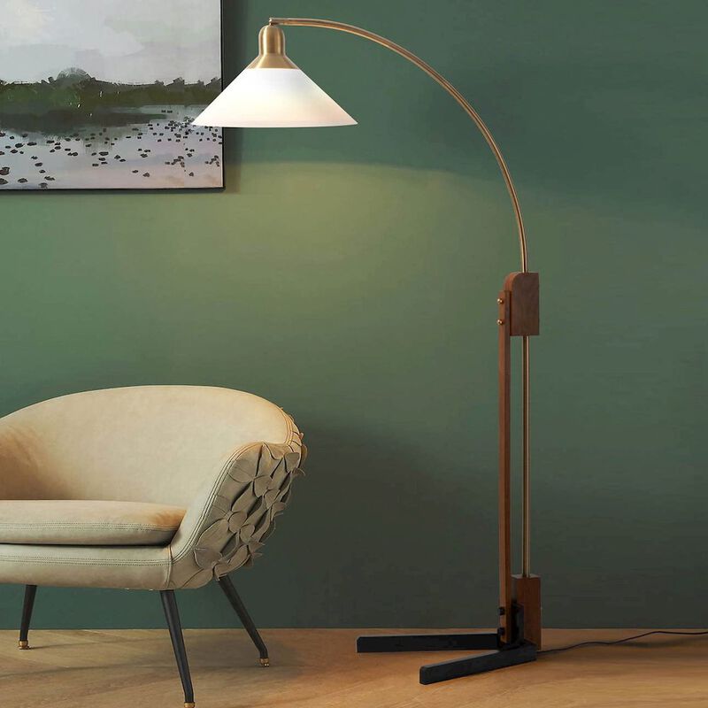 NOVA OF CALIFORNIA Melmar Chairside Arc Floor Lamp - Weathered Brass and Walnut, Dimmer Switch