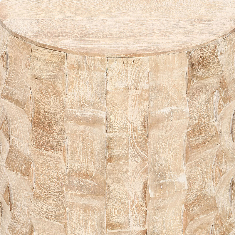 20 Inch Side End Table, Round Drum Shape with 3D Textured Design, Distressed White Finish - Benzara