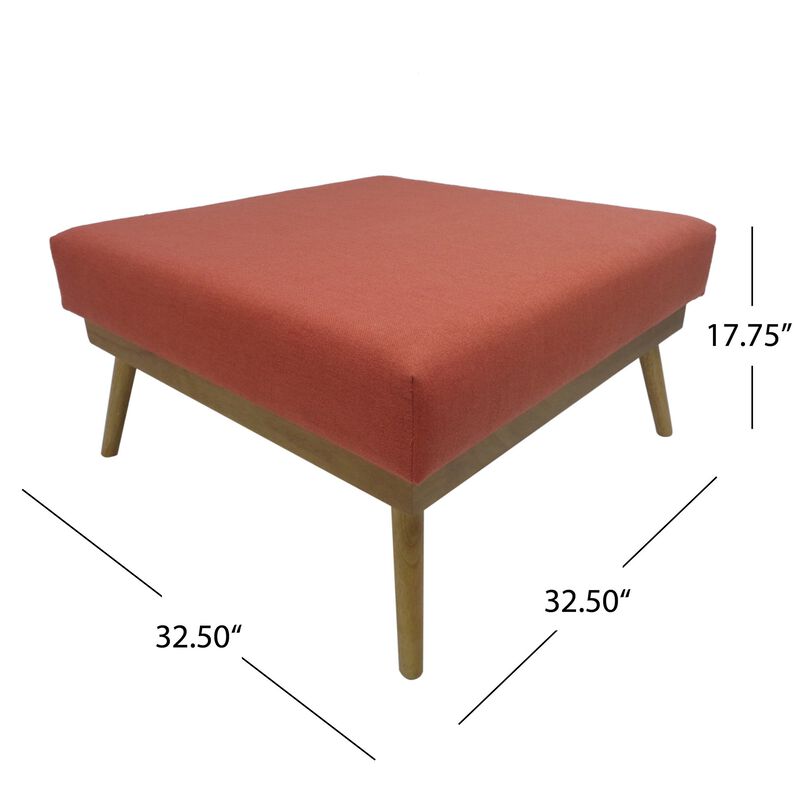 Square Ottoman with Splayed Rubberwood Legs, 33 Inch Coral Polyester - Benzara