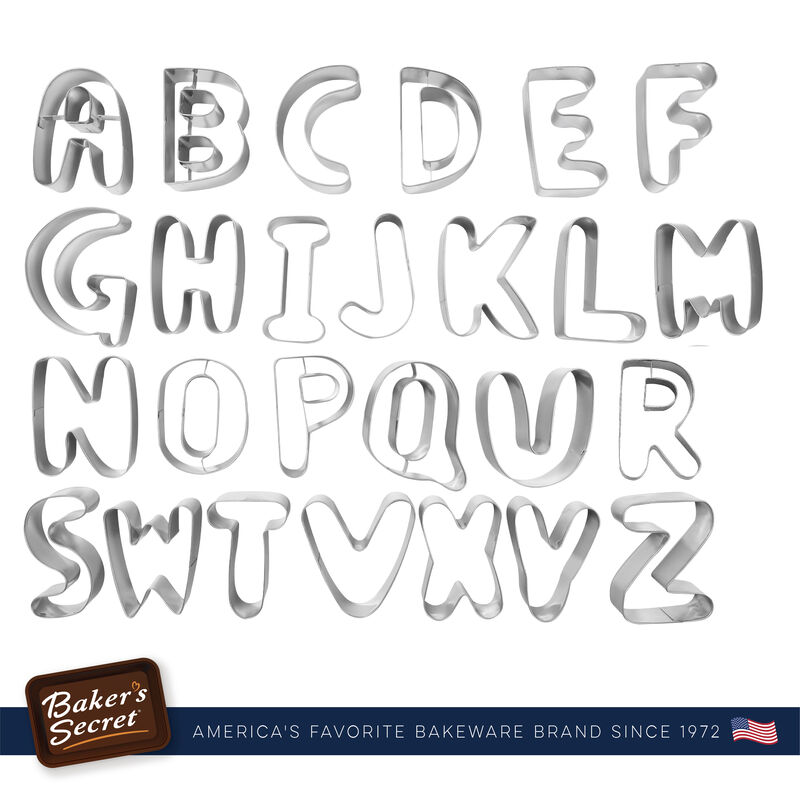 Baker's Secret Cookie Cutter Set Stainless Steel Jumbo Size 26 Letters, Stainless Steel Heat Resistant, in Gift Packaging, Alphabet Big Letters for Baking, Silver