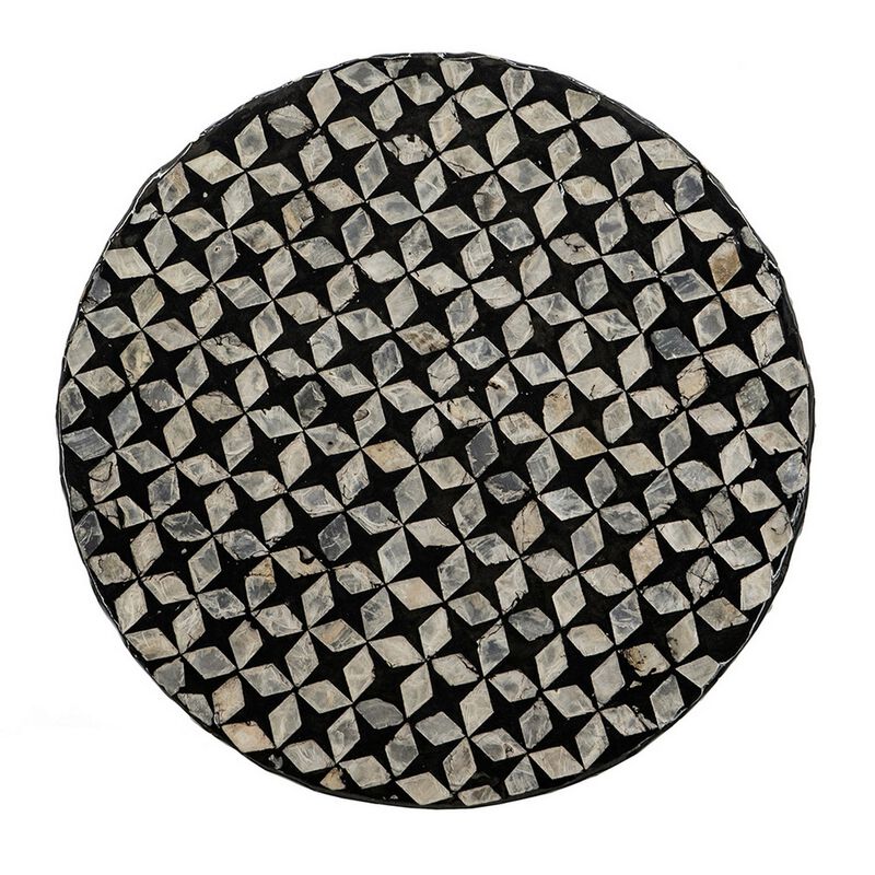 20 Inch Capiz Accent Stool Table, Cylindrical Geometric, Silver, Black - Benzara