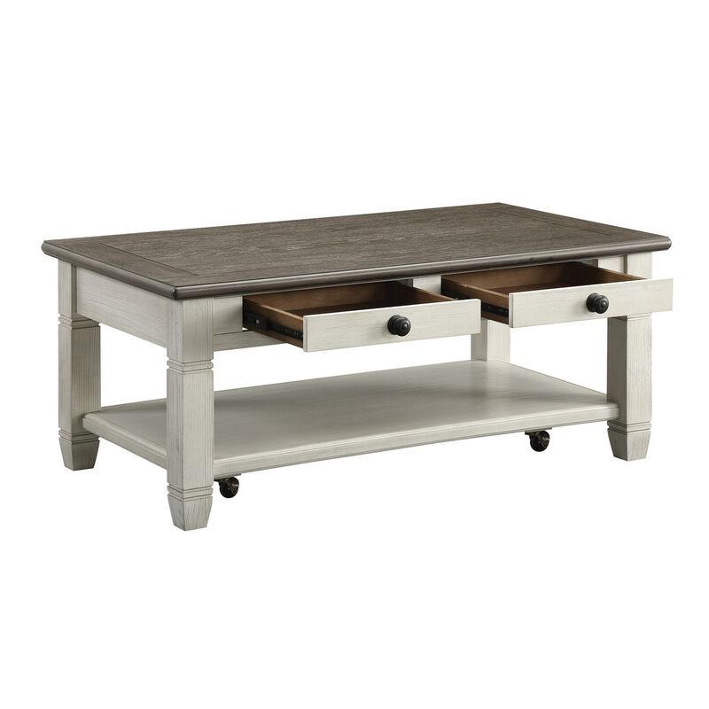 Rome 48 Inch Cocktail Coffee Table, 2 Drawers, White and Brown, Solid Wood - Benzara