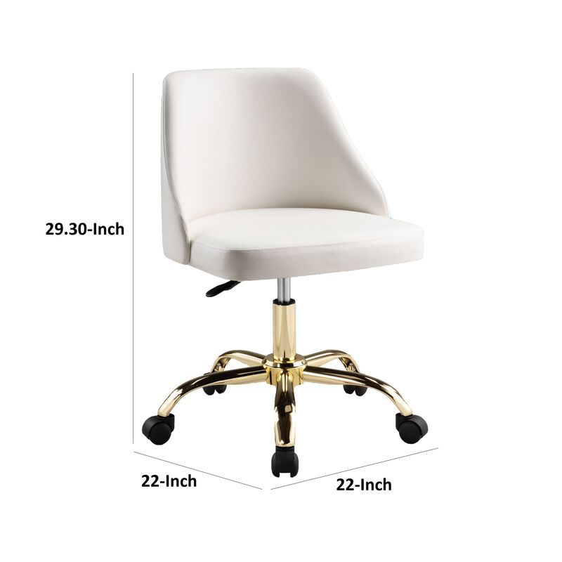 Yim 22 Inch Adjustable Swivel Office Chair, White Faux Leather, Gold Metal - Benzara