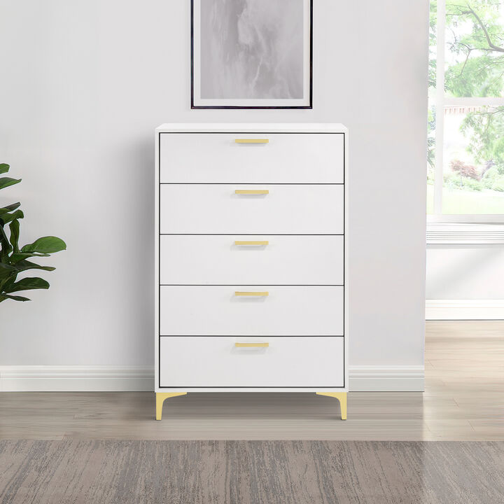 Lif 50 Inch Modern 5 Drawer Tall Dresser Chest, Gold Accents, Smooth White-Benzara