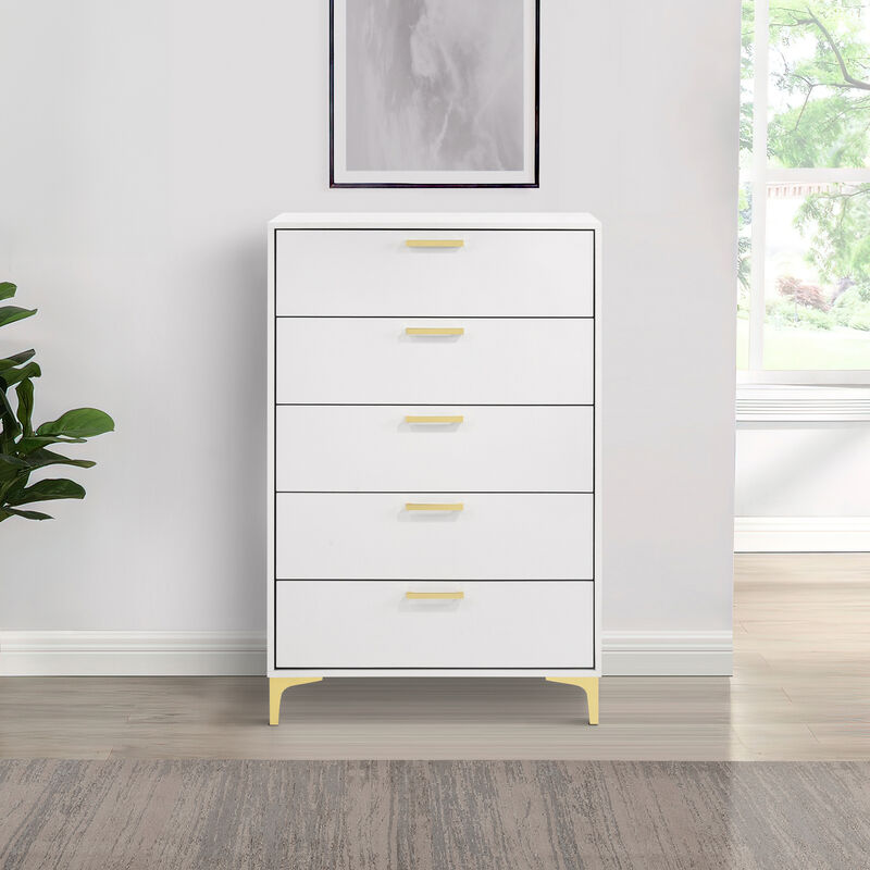 Lif 50 Inch Modern 5 Drawer Tall Dresser Chest, Gold Accents, Smooth White-Benzara