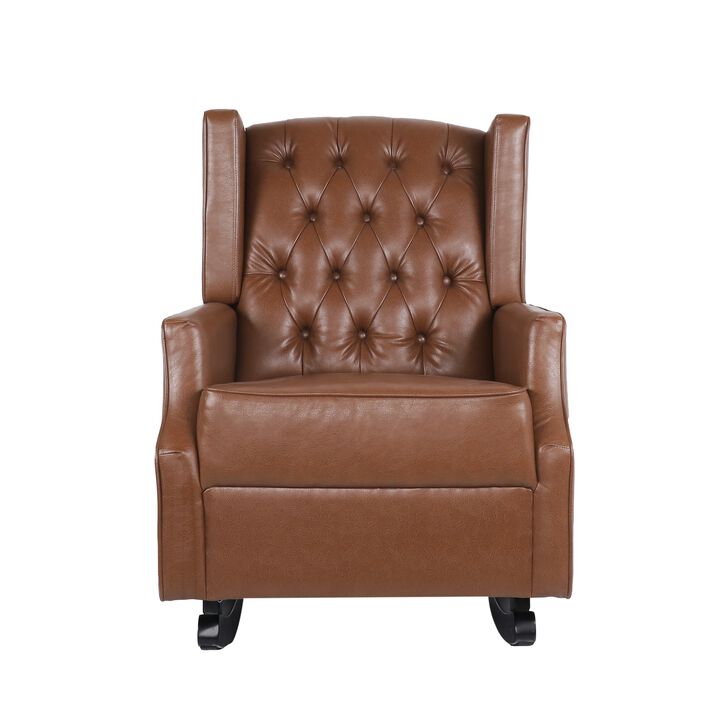 Zyna Rocking Chair, Gentle Motion, Brown Waffle Stitch Faux Leather - Benzara