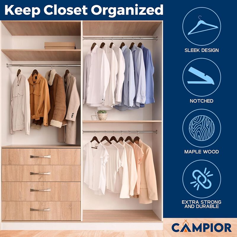 Wooden Clothes Hangers - 30 Pack, Durable, Non-Slip, Space-Saving Hangers for Dresses, Coats, and More, Holds Up to 10 lbs with 360° Swivel Hook, Brown Finish