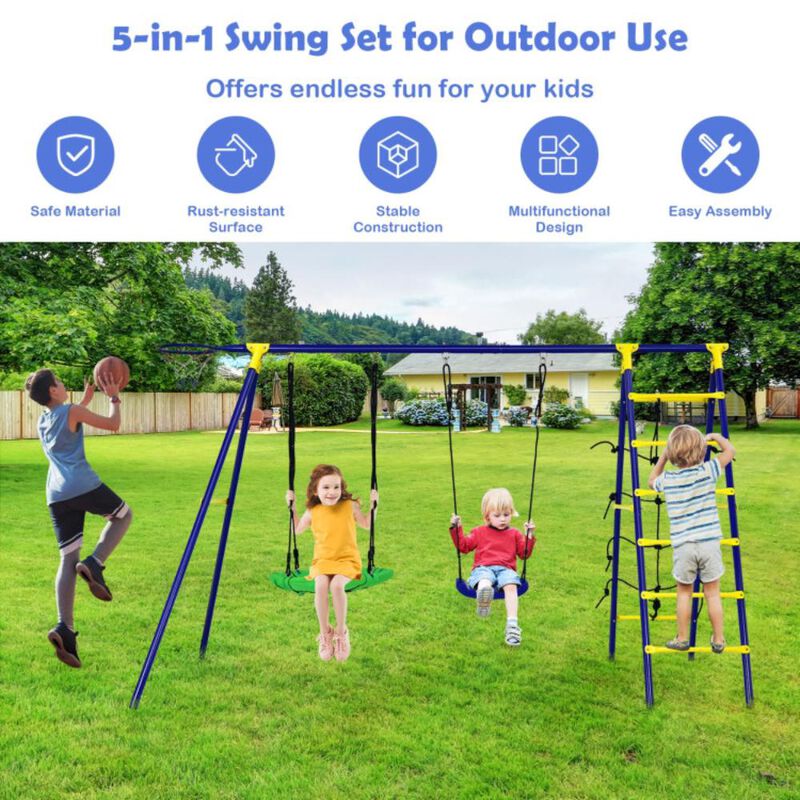 Hivvago 5-In-1 Outdoor Kids Swing Set with A-Shaped Metal Frame and Ground Stake