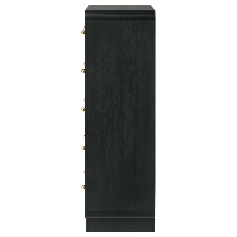 Cavy Tall Dresser Chest, 6 Drawers, Black Wood, Round Gold Knobs - Benzara