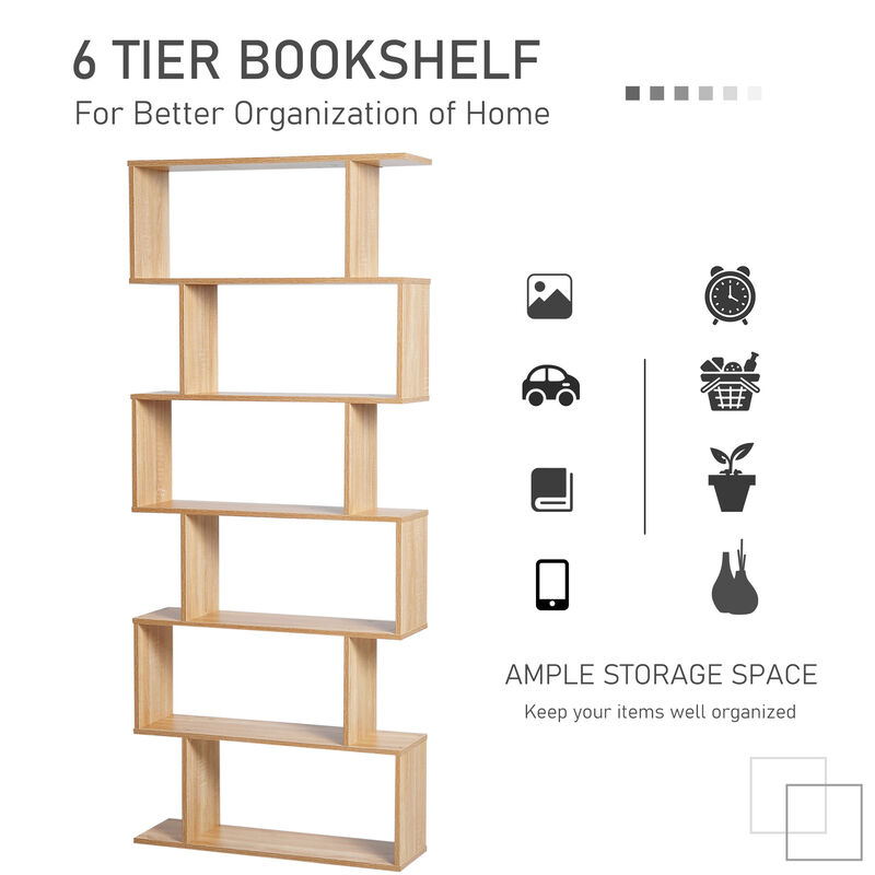 HOMCOM 75"H Bookcase 6 Shelf S-Shaped Bookshelf Storage Display Stand Organizer