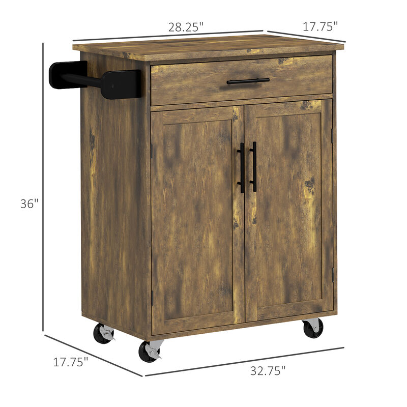 Wooden Indoor Moving Microwave Cart with Interior Cabinet & Towel Rack