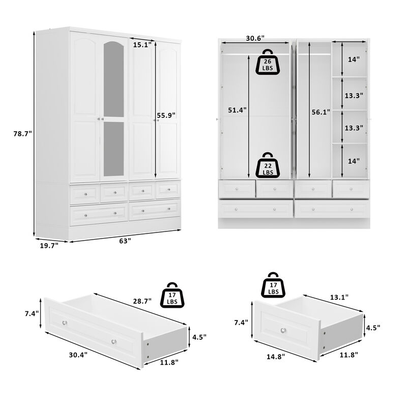 FUFU&GAGA Large Wardrobe with Mirrored Doors and Six Drawers – Stylish and Functional Storage Solution (63" W x 19.7" D x 78.7" H),White