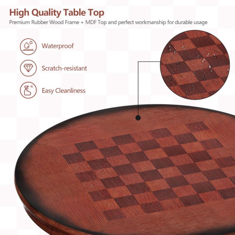 Hivvago 42 Inch Wooden Round Pub Pedestal Side Table with Chessboard