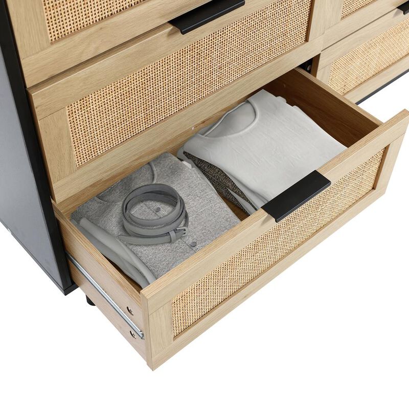 LuxenHome Black and Brown Wood 6-Drawer Rattan Dresser