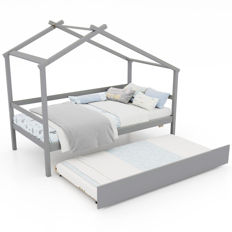 Kids Twin Size House Bed with Trundle and Roof Fun and Functional Sleep Space