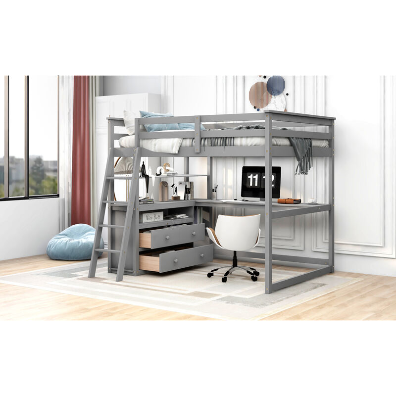 Full Size Loft Bed With Desk And Shelves, Two Built-In Drawers