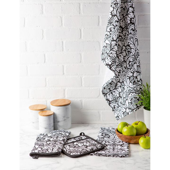 Set of 2 Black Damask-Style Multi-Purpose Dish Towels 18' x 28"