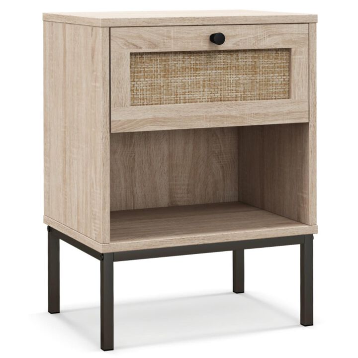 Hivvago Rattan Nightstand Boho End Table with Rattan Drawer & Open Shelf
