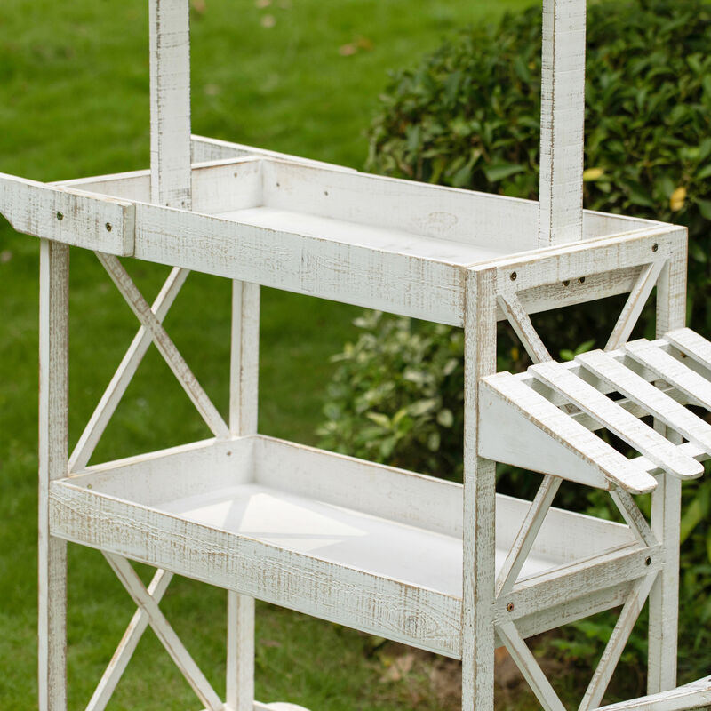 White Wood Decor Display Rack Mobile Food Cart with Wheels 3 Tier for Display, Wood Wagon with Shelves for Food and More