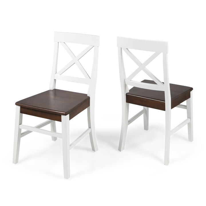 Ricks Dining Chair Set of 2, Crossed X Back, Acacia Wood, Dark Brown, White - Benzara