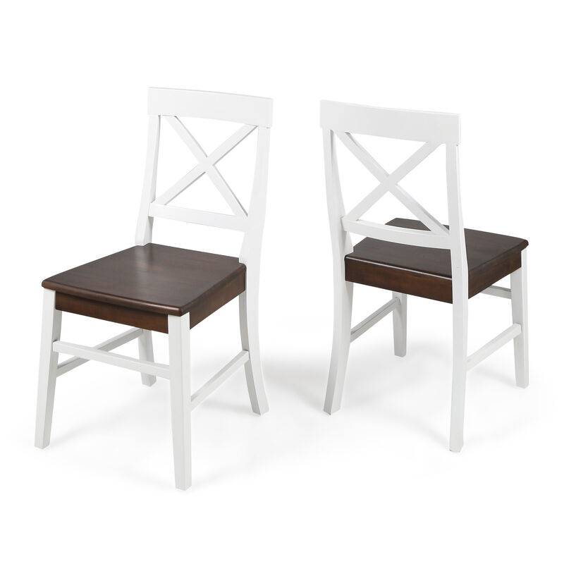 Ricks Dining Chair Set of 2, Crossed X Back, Acacia Wood, Dark Brown, White - Benzara