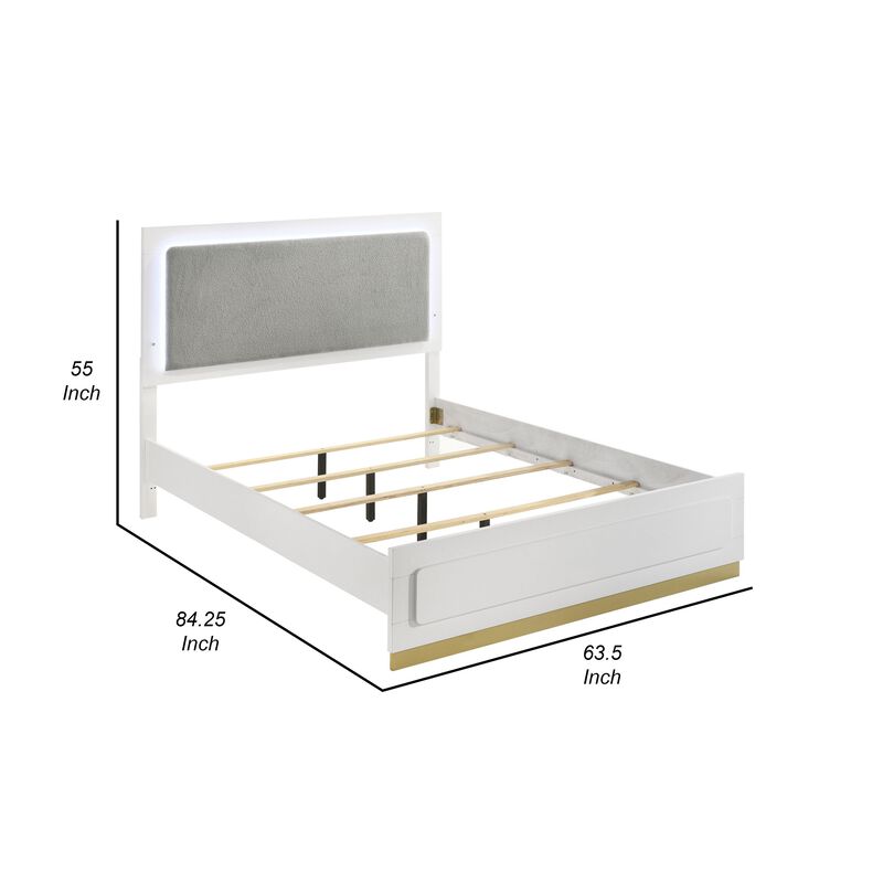 Caer Queen Size Bed, LED Panel Tall Headboard, Gray Upholstery, White Okume -