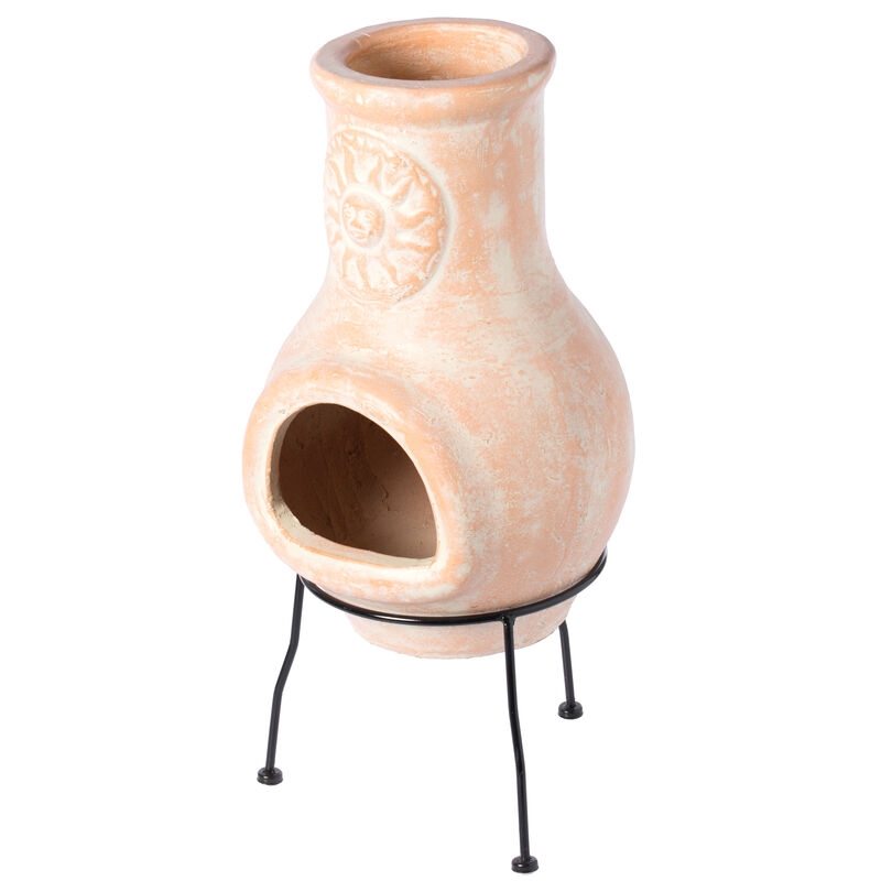 Beige Outdoor Clay Chimney Outdoor Fireplace Sun Design Charcoal Burning Fire Pit with Sturdy Metal Stand, Barbecue, Cocktail Party, Family Gathering, Cozy Nights Fire Pit
