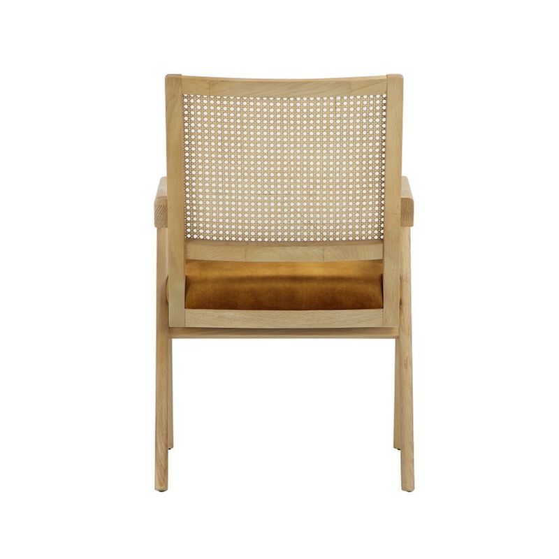 Isha 24 Inch Armchair with Cane Back, Gold Brown Velvet, Brown Wood Frame - Benzara