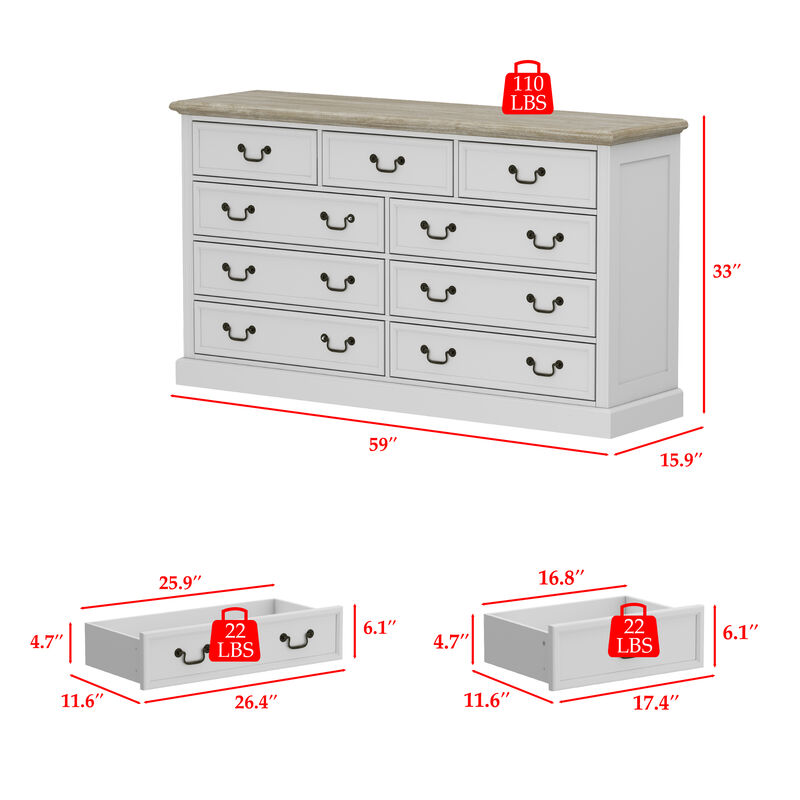 FUFU&GAGA Modern 9-Drawer Dresser with Spacious Storage for Bedroom & Living Room, (59" W x 33" H x 15.9" D), White