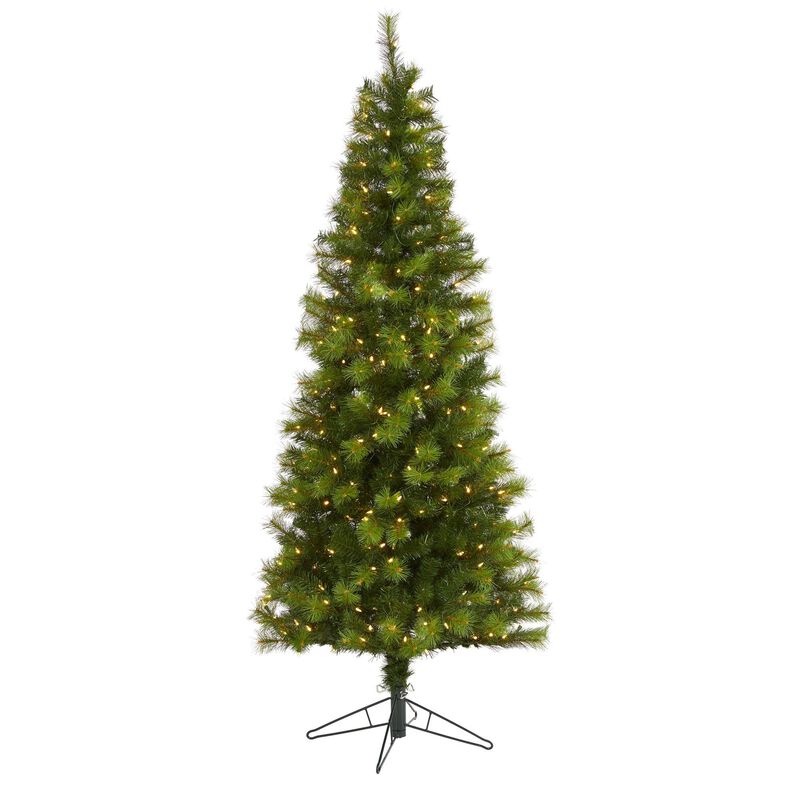 Nearly Natural 6.5-ft Green Valley Pine Artificial Christmas Tree with 300 Warm White LED Lights and 579 Bendable Branches