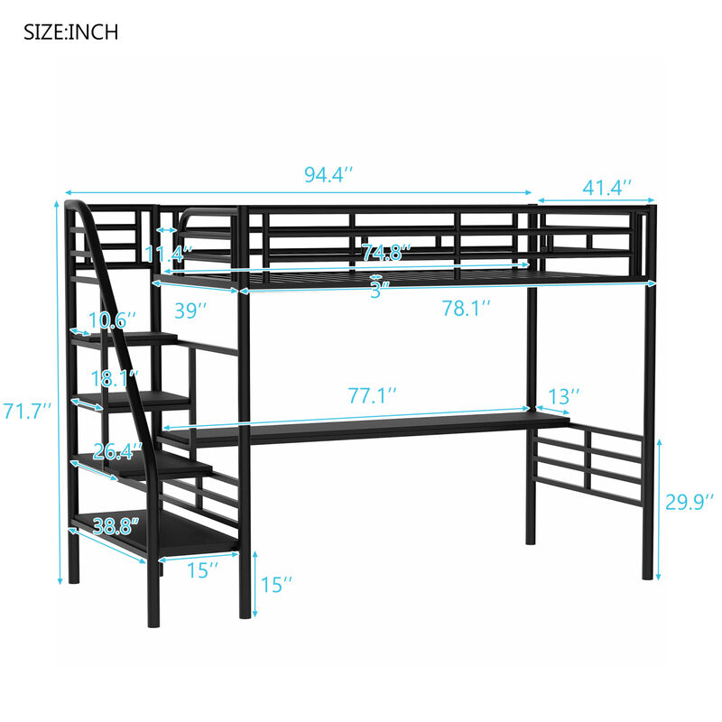 Metal Loft Bed Frame With Desk, No Box Spring Needed, Twin