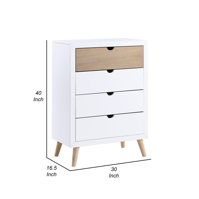 Kara 40 Inch Kids Tall Dresser Chest, 4 Drawers, Open Handles, White, Brown - Benzara