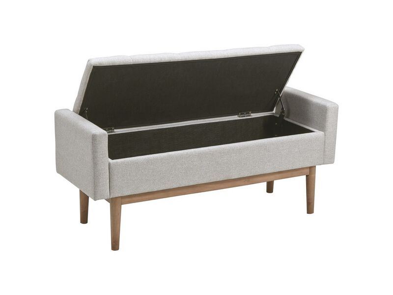 Tufted Fabric Storage Bench with Low Profile Elevated Arms, Light Gray - Benzara