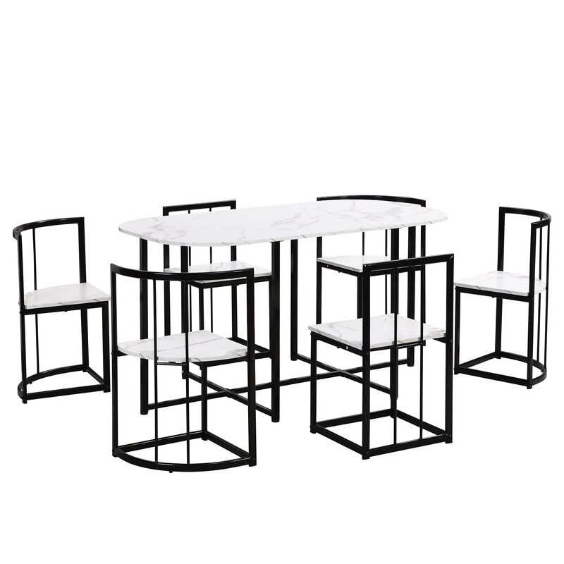 Modern 7-Piece Dining Table Set With Faux Marble Compact 5 5" Kitchen Table Set For 6