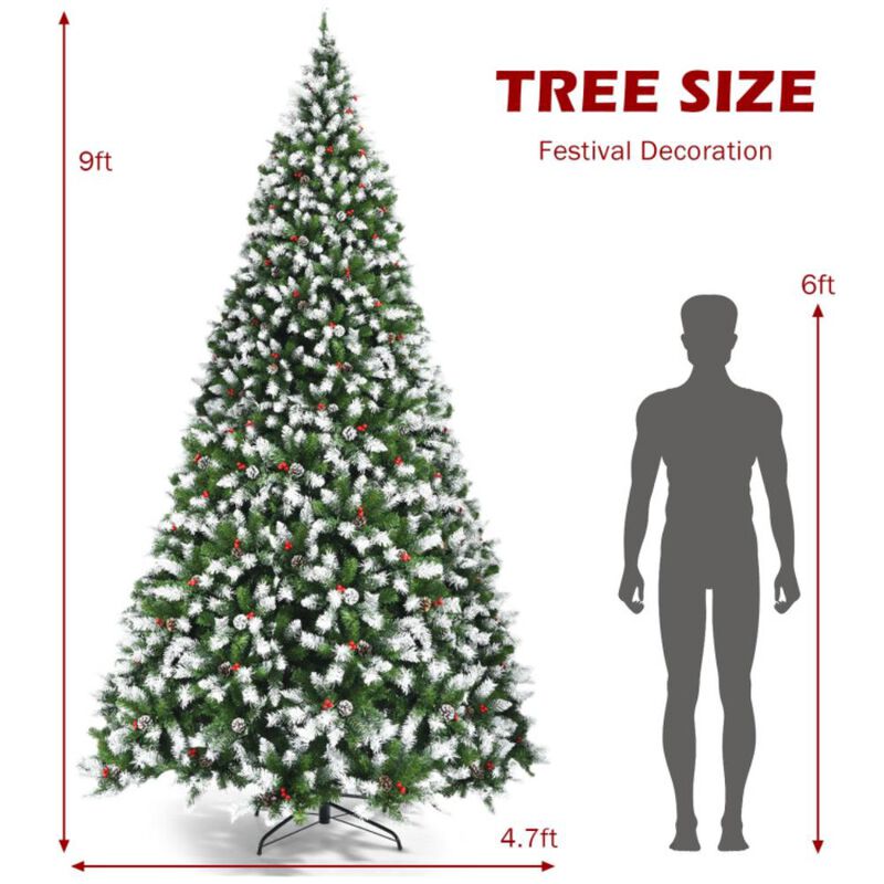 Hivvago 7.5/9 FT Pre-lit Snow Flocked Christmas Tree with Red Berries and 8 Lighting Modes