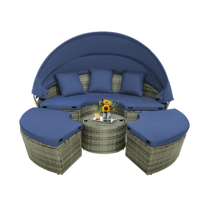 Hivvago Outdoor PE Wicker Round Daybed with Retractable Canopy and Cushions-Navy