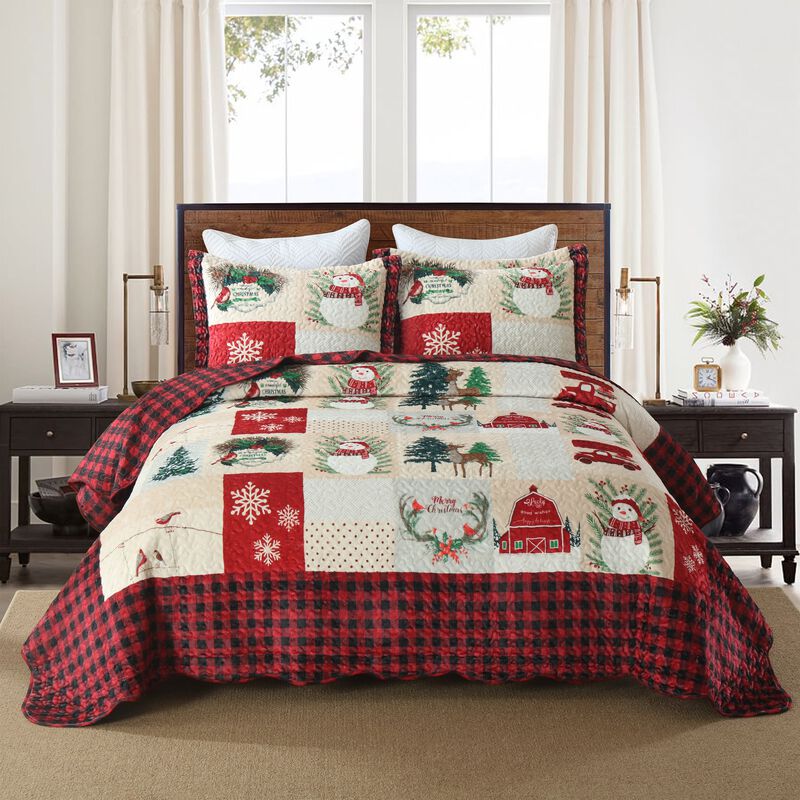 Marcielo 3 Pc Velvet Quilted Oversized Christmas Quilt Bedspread Set