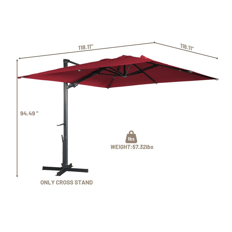 10x10 ft. 360°Rotation Square Outdoor Cantilever Patio Umbrella in Red