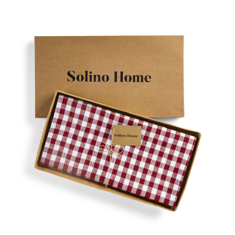Solino Home 100% Pure Linen Table Throw 52 x 52 Inch | Gingham Check for Thanksgiving, Christmas