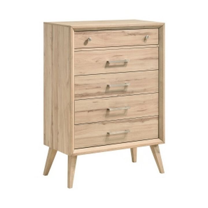 Kali 49 Inch Tall Dresser Chest, 5 Drawers, Nickel Handles, Oak Brown Wood - Benzara